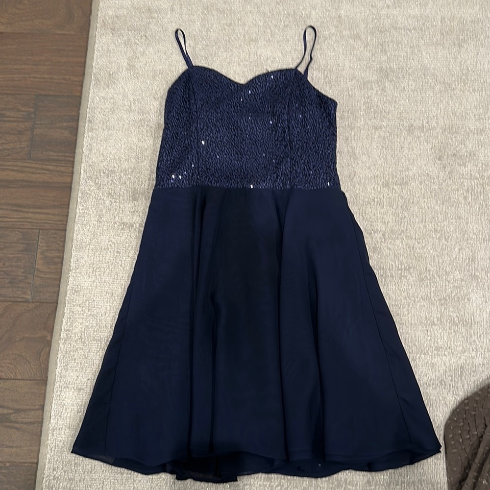 Un Deux Trois navy sequin / chiffon dress, sz 14 perfect condition!